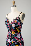 Schwarzes Blumen-Meerjungfrauen-Spaghettiträger-langes Ballkleid mit Stickerei