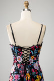 Schwarzes Blumen-Meerjungfrauen-Spaghettiträger-langes Ballkleid mit Stickerei