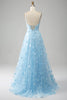 Laden Sie das Bild in den Galerie-Viewer, Himmelblaues Spaghettiträger-Spaghettiträger-Kleid mit glitzernden Perlen und 3D-Schmetterlingen