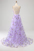 Laden Sie das Bild in den Galerie-Viewer, Fliederfarbenes A-Linien-Spaghettiträger-langes Ballkleid mit 3D-Blumen