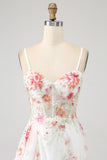Elfenbeinfarbenes Blumenbesticktes langes Korsett-Ballkleid mit Schlitz