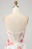 Elfenbeinfarbenes Blumenbesticktes langes Korsett-Ballkleid mit Schlitz