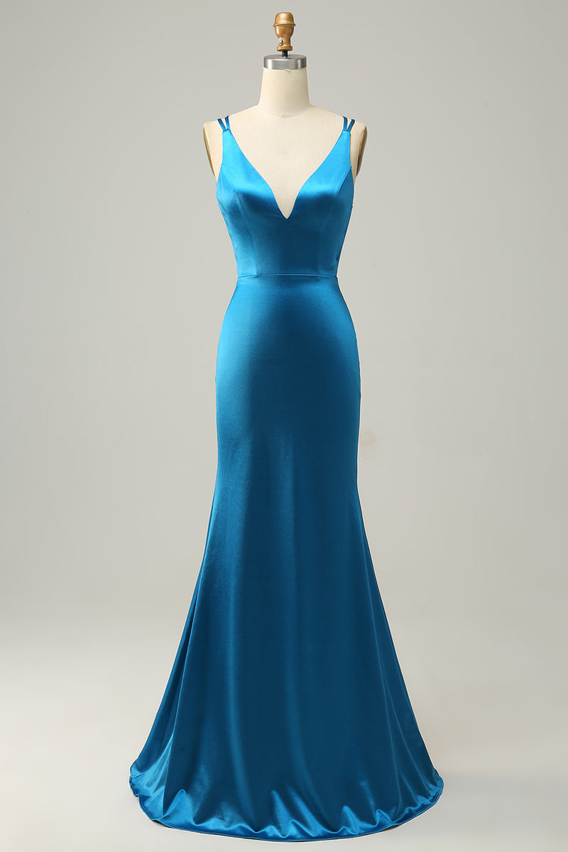 Laden Sie das Bild in den Galerie-Viewer, Etuikleid mit V-Ausschnitt Pfauenblau Langes Brautjungfernkleid mit überkreuztem Rücken