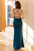 Laden Sie das Bild in den Galerie-Viewer, Etuikleid mit V-Ausschnitt Pfauenblau Langes Brautjungfernkleid mit überkreuztem Rücken