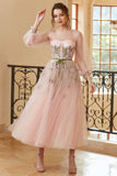 A-Linie Jewel Light Nude Tea Length Brautkleid mit langen Ärmeln