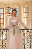 A-Linie Jewel Light Nude Tea Length Brautkleid mit langen Ärmeln