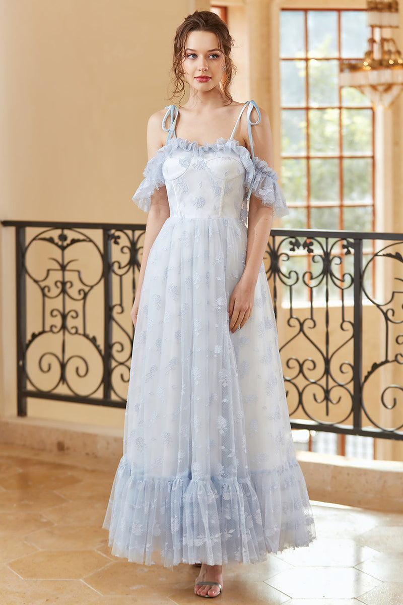 Laden Sie das Bild in den Galerie-Viewer, Prinzessin A-Linie schulterfrei Hellblau Langes Hochzeitskleid