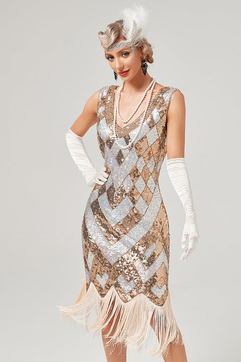 Laden Sie das Bild in den Galerie-Viewer, Goldene Pailletten 1920er Jahre Kleid mit Fransen