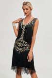 Schwarzes Gatsby Flapper Kleid aus den 1920er Jahren mit Pailletten und Fransen