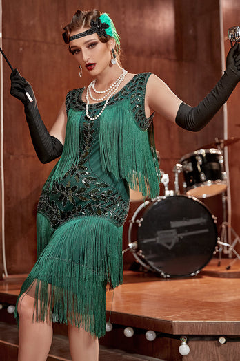 Dunkelgrünes Gatsby Kleid aus den 1920er Jahren mit Pailletten und Fransen