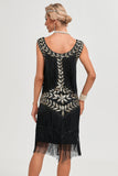 Schwarzes Gatsby Flapper Kleid aus den 1920er Jahren mit Pailletten und Fransen