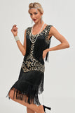 Schwarzes Gatsby Flapper Kleid aus den 1920er Jahren mit Pailletten und Fransen