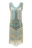 Dunkelgrünes Gatsby Kleid aus den 1920er Jahren mit Pailletten und Fransen