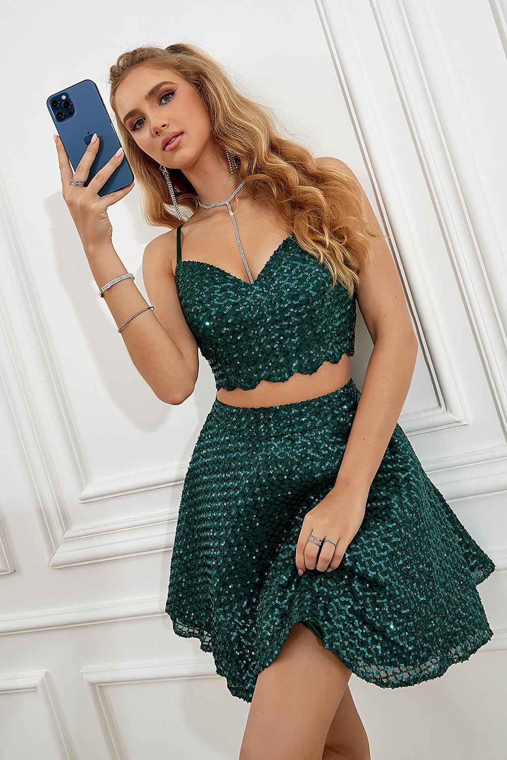 Zweiteilige Spaghettiträger Königsblau Kurzes Abiballkleid