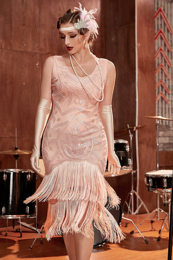 Blush Pailletten 1920er Jahre Flapper Gatsby Kleid mit Fransen