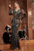 Laden Sie das Bild in den Galerie-Viewer, Schwarz Gold Pailletten Langes Gatsby Kleid aus den 1920er Jahren mit Pailletten