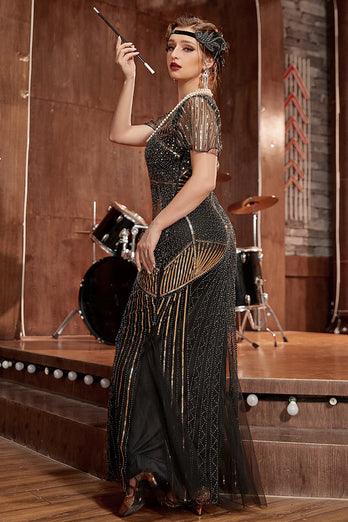 Schwarz Gold Pailletten Langes Gatsby Kleid aus den 1920er Jahren mit Pailletten