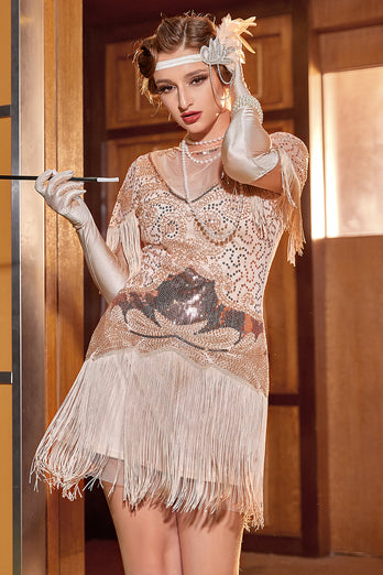 Rosa Golden Bateau Ausschnitt Gatsby-Kleid aus den 1920er Jahren mit Fransen
