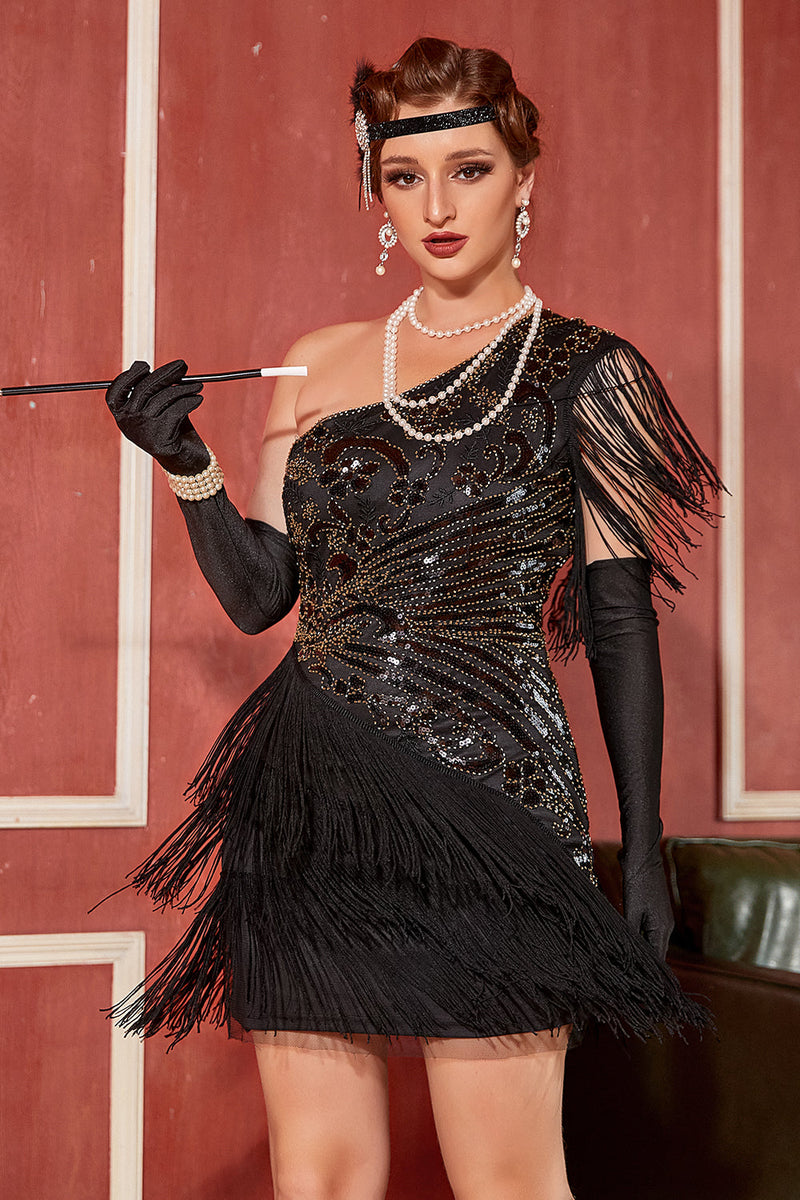 Laden Sie das Bild in den Galerie-Viewer, Schwarzes goldenes Eine Schulter 20er Jahre Charleston Kleid mit Fransen