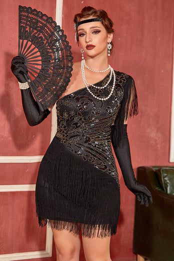 Schwarzes goldenes Eine Schulter 20er Jahre Charleston Kleid mit Fransen