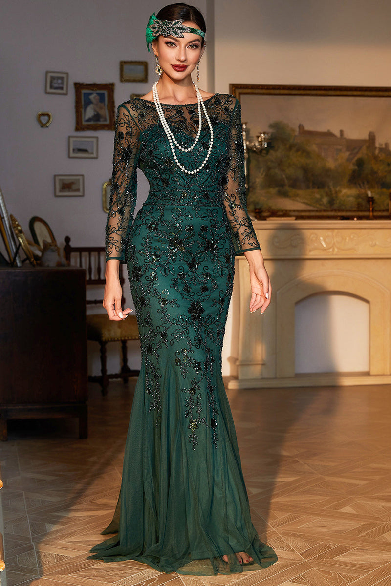 Laden Sie das Bild in den Galerie-Viewer, 1920er Jahre Flapper Kleid Langes Fransen Gatsby Kleid Brüllendes 20er Jahre Pailletten Perlenkleid