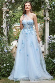 Himmelblau A Line Eine Schulterlanges Ballkleid mit Applikationen