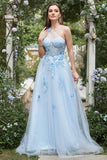 Himmelblau A Line Eine Schulterlanges Ballkleid mit Applikationen