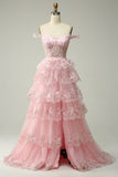 Prinzessin A Line Schulterfrei Rosa Langes Ballkleid mit Applique