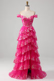 Prinzessin A Line Off the Shoulder Schwarzes rosa Kleid für den langen Abschlussball mit gestufter Spitze