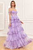 Prinzessin A Line Off the Shoulder Schwarzes rosa Kleid für den langen Abschlussball mit gestufter Spitze