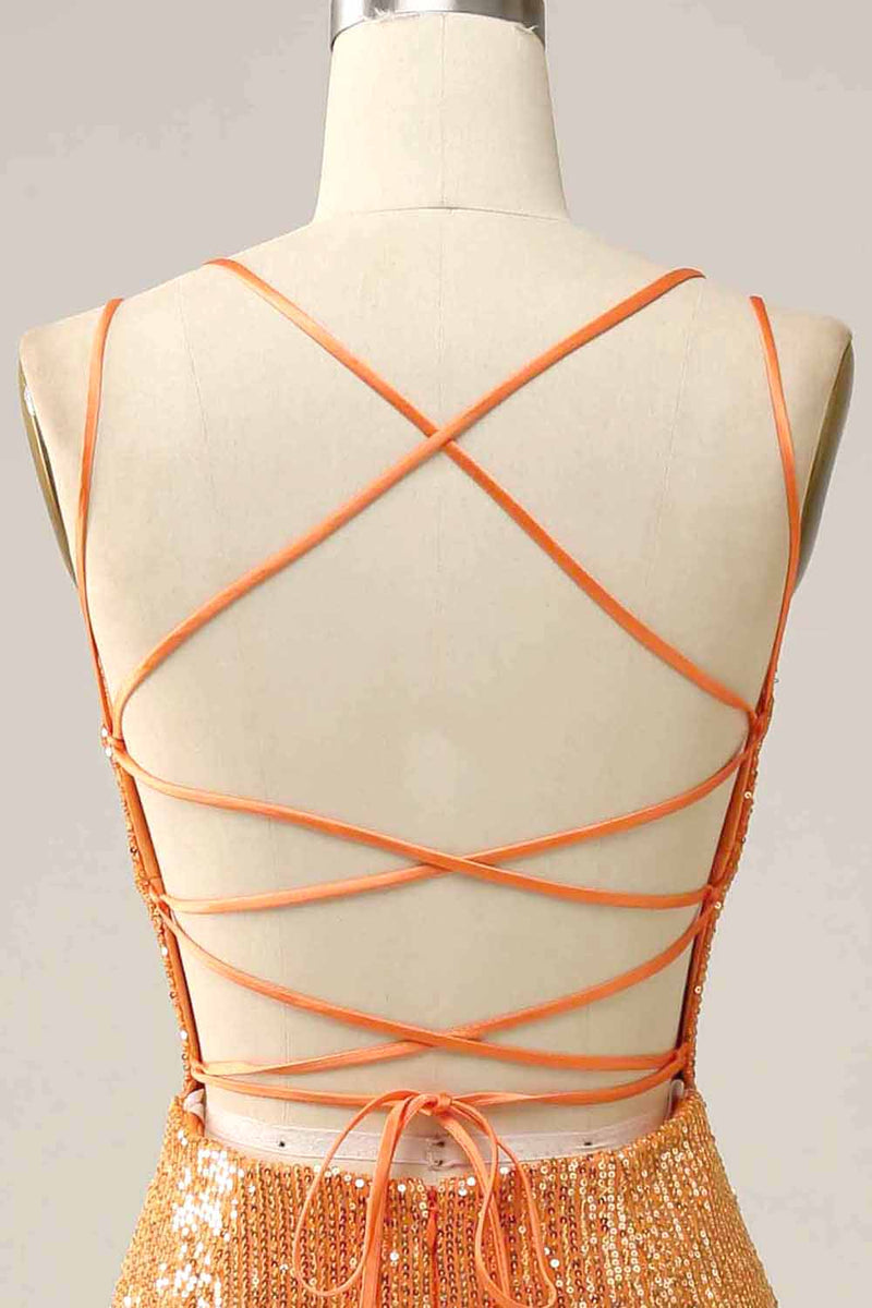 Laden Sie das Bild in den Galerie-Viewer, Orange Pailletten Rückenfreie Meerjungfrau Ballkleid