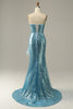 Laden Sie das Bild in den Galerie-Viewer, Himmelblau Schatz Pailletten Meerjungfrau Ballkleid mit Federn