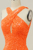 Laden Sie das Bild in den Galerie-Viewer, Pailletten orangefarbenes Ballkleid mit Kreuzausschnitt