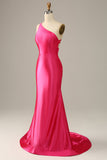 Fuchsia Einschulter Meerjungfrau Ballkleid