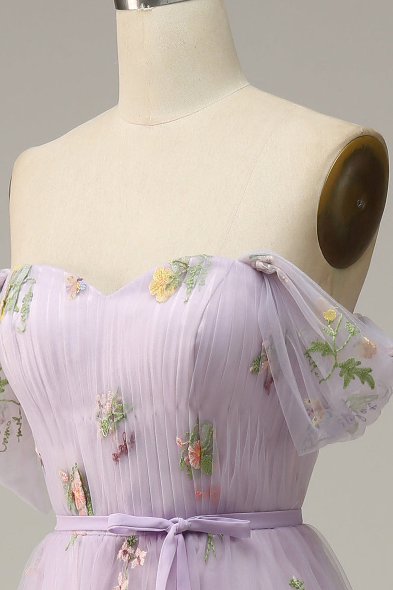 Laden Sie das Bild in den Galerie-Viewer, Lavendel A Line Tulle Off Shoulder Ballkleid