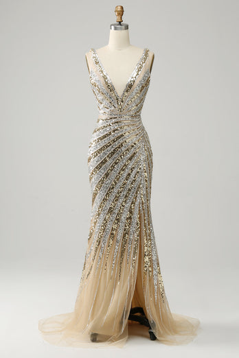 Meerjungfrau Deep V Ausschnitt Golden Long Prom Kleid mit Schlick
