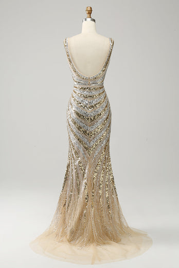 Meerjungfrau Deep V Ausschnitt Golden Long Prom Kleid mit Schlick