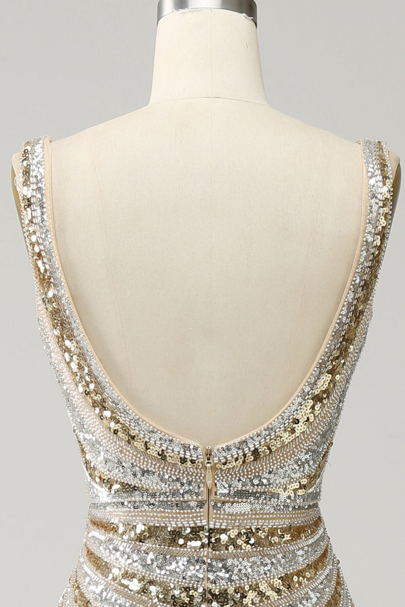 Laden Sie das Bild in den Galerie-Viewer, Meerjungfrau Deep V Ausschnitt Golden Long Prom Kleid mit Schlick
