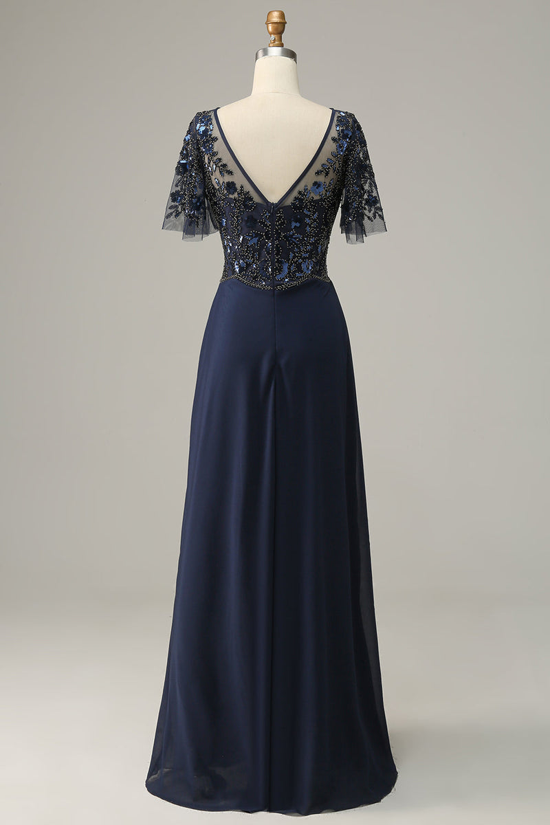 Laden Sie das Bild in den Galerie-Viewer, Marineblaue Applikationen Pailletten Kleid für die Brautmutter