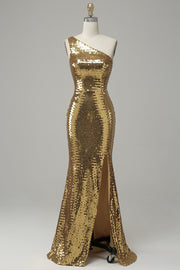 Ein Schulter Gold Pailletten Ballkleid mit Schlitz