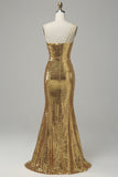 Ein Schulter Gold Pailletten Ballkleid mit Schlitz