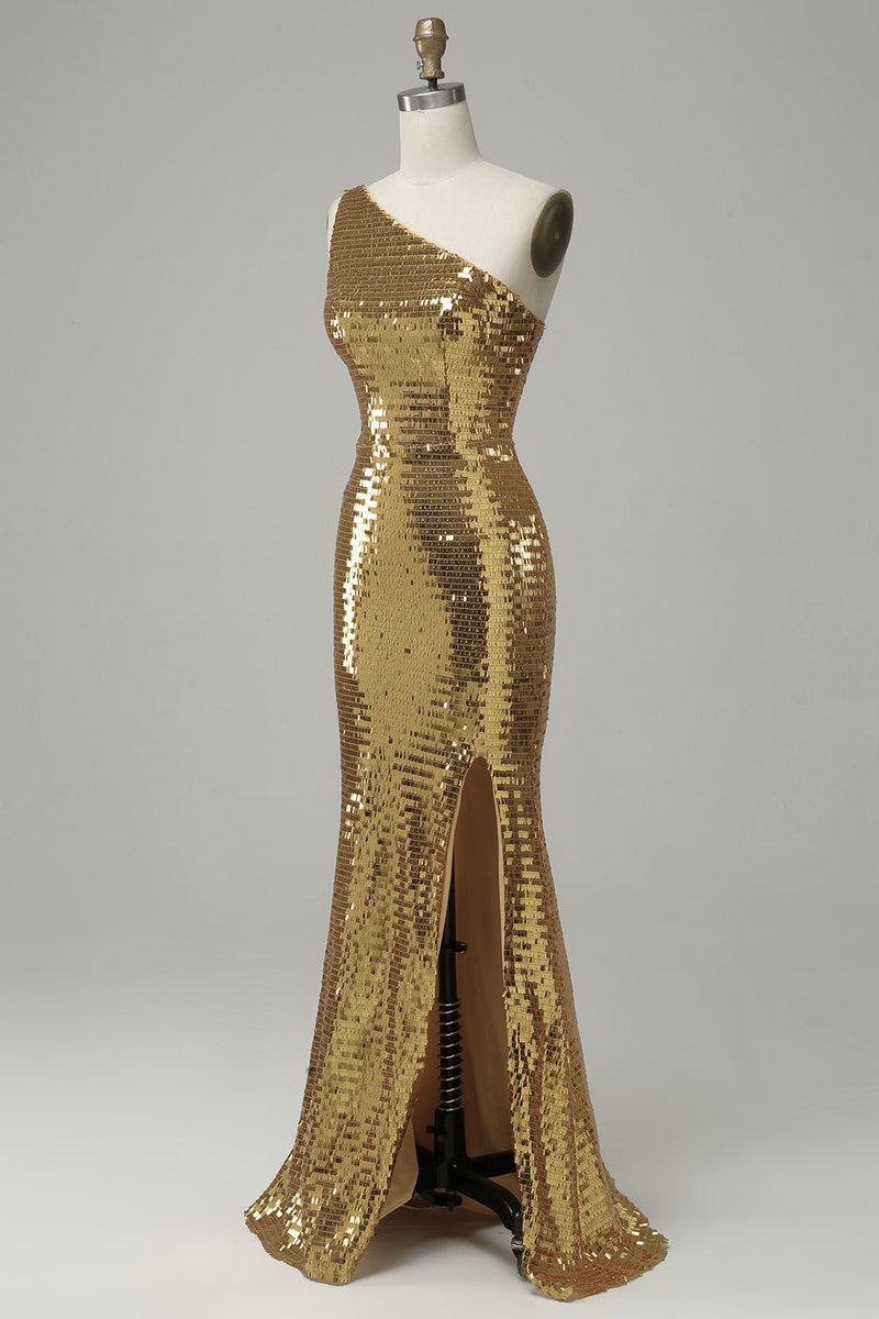 Laden Sie das Bild in den Galerie-Viewer, Ein Schulter Gold Pailletten Ballkleid mit Schlitz