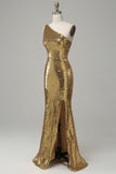 Ein Schulter Gold Pailletten Ballkleid mit Schlitz