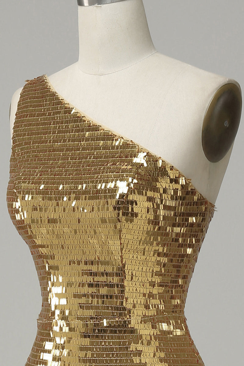 Laden Sie das Bild in den Galerie-Viewer, Ein Schulter Gold Pailletten Ballkleid mit Schlitz