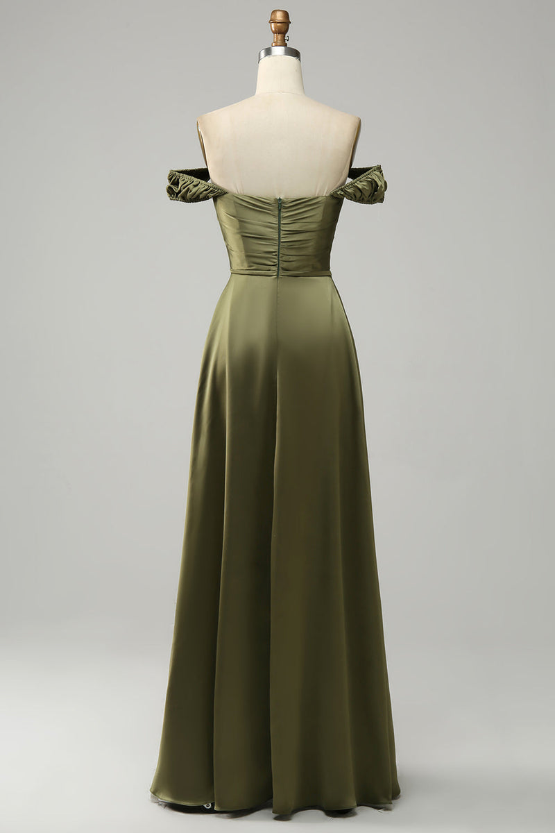 Laden Sie das Bild in den Galerie-Viewer, Armee Grün von der Schulter langes Brautjungfernkleid mit Schlitz