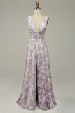Iovry Lila bedrucktes Ballkleid mit V-Ausschnitt und Schlitz