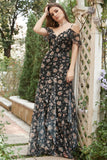 Schwarzes Chiffon Schulterfreies Ballkleid mit Blumen
