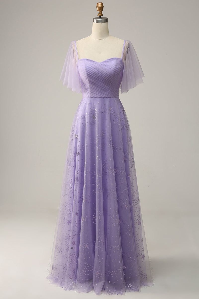 Laden Sie das Bild in den Galerie-Viewer, Schulterfreies Abschlussballkleid aus Lavendel mit Rüschen