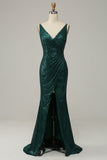 Dunkelgrün Pailletten Spaghettiträger Ballkleid mit Schlitz