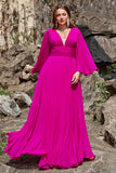 A Linie Tief V Hals Dunkel Fuchsia Plus Größe Ballkleid mit langen Ärmeln